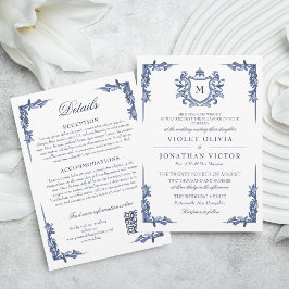 Blauw Vintage Crest Monogram Huwelijk met Details Kaart