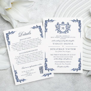 Blauw Vintage Crest Monogram Huwelijk met Details Kaart