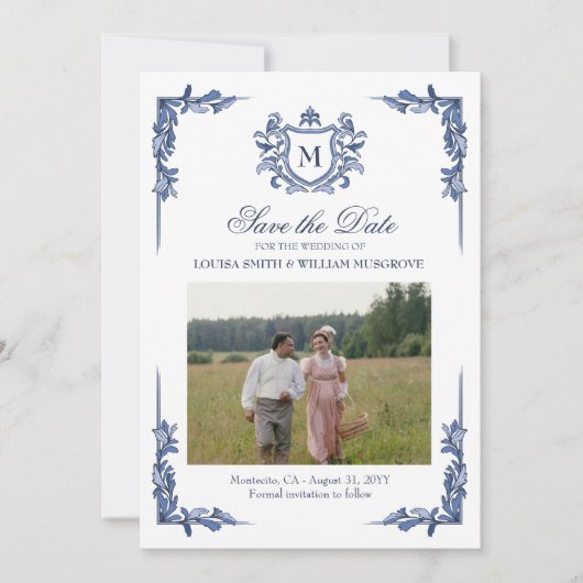 Blauw Vintage Crest Monogram Huwelijk Save The Date (Voorkant)