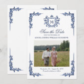 Blauw Vintage Crest Monogram Huwelijk Save The Date (Voorkant / Achterkant)