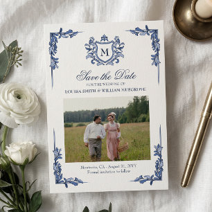 Blauw Vintage Crest Monogram Huwelijk Save The Date