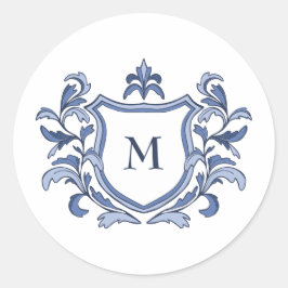 Blauw Vintage Crest Monogram Huwelijksenvelopzegel Ronde Sticker