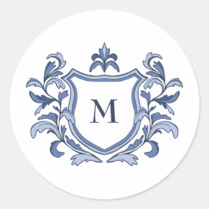 Blauw Vintage Crest Monogram Huwelijksenvelopzegel Ronde Sticker