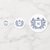Blauw Vintage Crest Monogram Namen Bruiloft Confetti (Achterkanten)