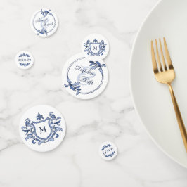 Blauw Vintage Crest Monogram Namen Bruiloft Confetti