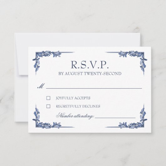 Blauw Vintage Crest Monogram RSVP Kaartje (Voorkant)