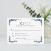 Blauw Vintage Crest Monogram RSVP Kaartje (Staand voorkant)