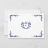 Blauw Vintage Crest Monogram RSVP Kaartje (Achterkant)