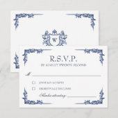 Blauw Vintage Crest Monogram RSVP Kaartje (Voorkant / Achterkant)