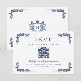 Blauw Vintage Crest Monogram RSVP Online Kaartje