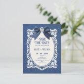 Blauw vintage elegant save the date (Staand voorkant)