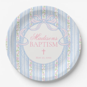 Blauw Vintage Fancy Bloem Motief Doopfeest Papieren Bordje