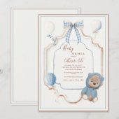 Blauw Vintage Frame Landelijke Beer Ballonnen Baby Kaart (Voorkant / Achterkant)