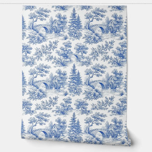 Blauw vintage Frans toile boslandschap Behang