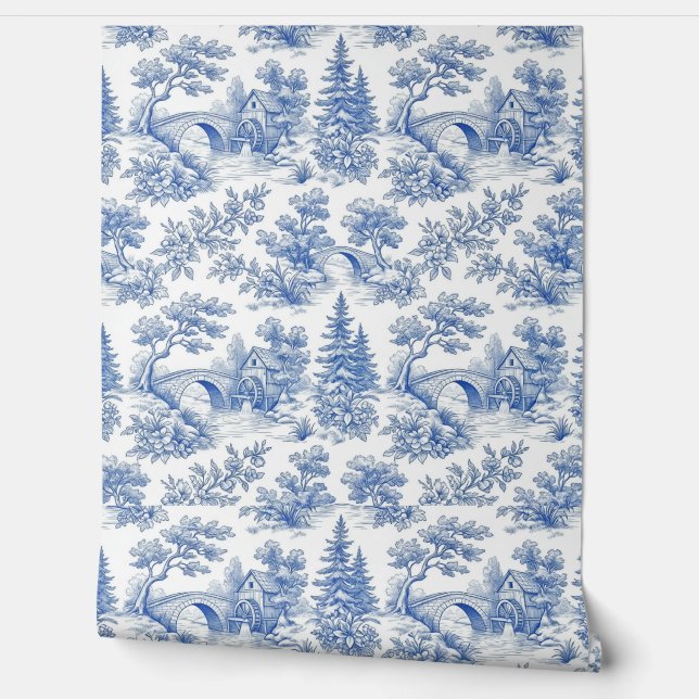 Blauw vintage Frans toile boslandschap Behang (Afrollen)