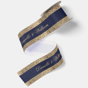 Blauw Vintage Gouden Rozen Calligrafie Bruiloft Satijnen Lint