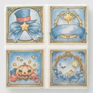 Blauw Vintage Halloween-verhaalboek Stenen Onderzetter