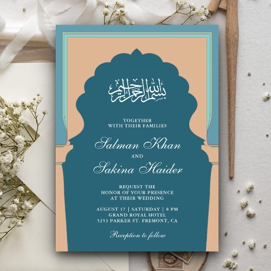 Blauw Vintage Islamitische Mihrab Moslim Bruiloft Kaart