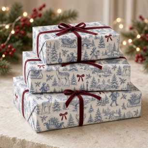 Blauw Vintage Kerst toile met bordeauxrode strik Cadeaupapier