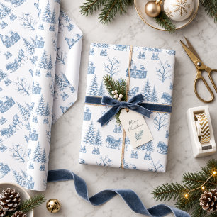 Blauw Vintage Kerst Toile Paardenslee Cadeaupapier