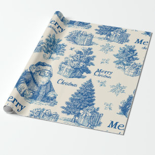 Blauw Vintage Kerstman Kerst Toile Patroon Cadeaupapier