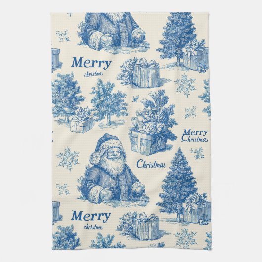 Blauw Vintage Kerstman Kerst toile patroon Theedoek (Verticaal)