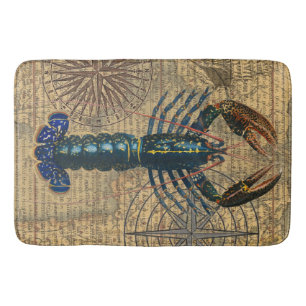 Blauw vintage kreeftkaartcollage: Nautilus kust- Badmat