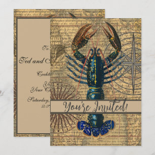 Blauw vintage kreeftkaartcollage: Nautilus kust- Kaart