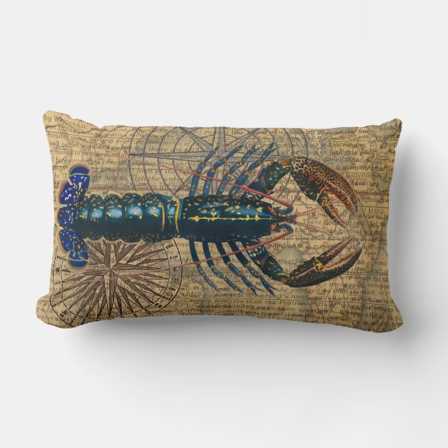 Blauw vintage kreeftkaartcollage: Nautilus kust- Kussen (Voorkant)