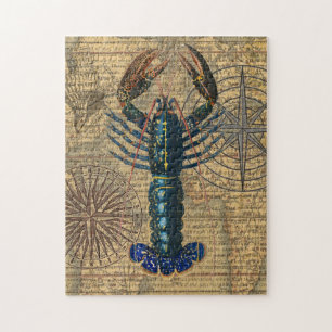 Blauw vintage kreeftkaartcollage: Nautilus kust- Legpuzzel
