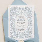 Blauw vintage kruis bloemen doop uitnodiging