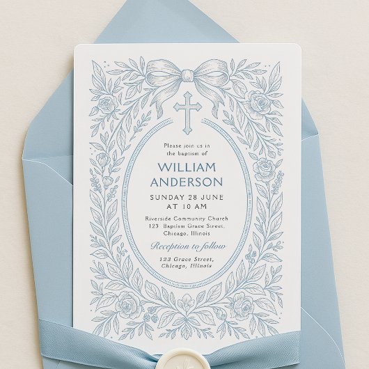 Blauw vintage kruis bloemige doop uitnodiging
