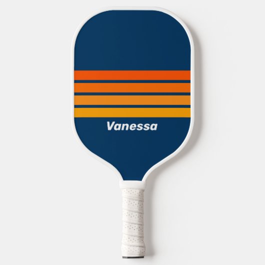 Blauw vintage overdwars gestreept met naam pickleball paddle (Voorkant)