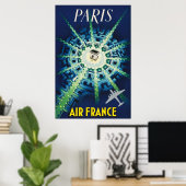Blauw Vintage Parijs Franse Lucht Reizen Europa Poster (Thuiskantoor)