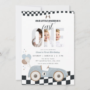 Blauw Vintage Race Auto Eerste Verjaardag Uitnodig Kaart