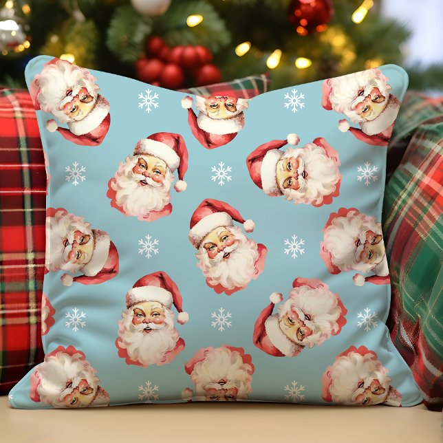 Blauw Vintage Retro Kerstman Kerstmis Kussen (Creator heeft geüpload)