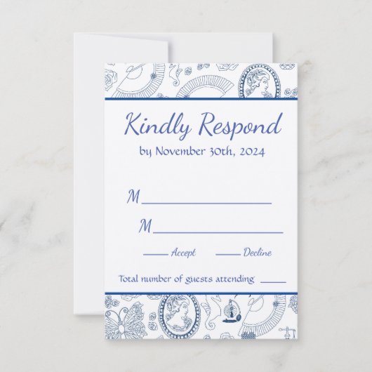 Blauw Vintage Romance RSVP Kaart (Voorkant)