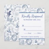 Blauw Vintage Romance RSVP Kaart (Voorkant / Achterkant)
