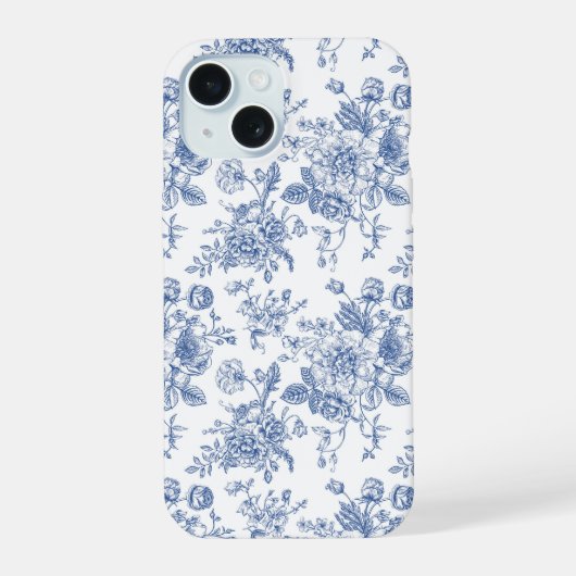 Blauw vintage roos bloemmotief iPhone 15 case (Achterkant)