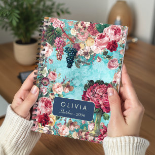 Blauw Vintage Shabby Chic Rozen Vaas Notitieboek