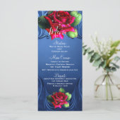 Blauw Vintage Sierlijk Rood Rozen Trouwmenu Menu (Staand voorkant)