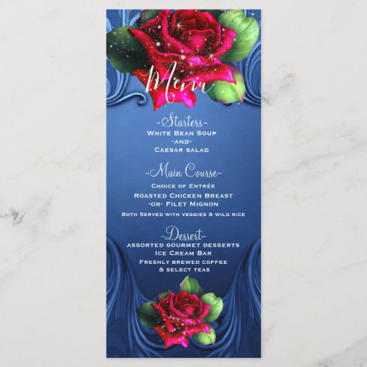 Blauw Vintage Sierlijk Rood Rozen Trouwmenu Menu (Voorkant)