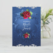 Blauw Vintage Sierobject Rode Rozen Bruiloft Kaart (Staand voorkant)
