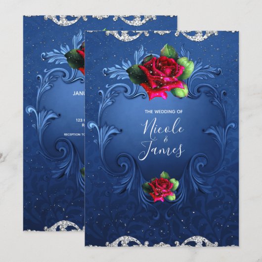 Blauw Vintage Sierobject Rode Rozen Bruiloft Kaart (Voorkant / Achterkant)