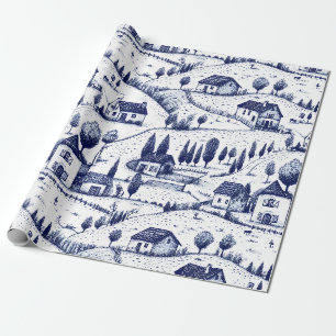 Blauw Vintage Toile - Bomen Landelijke Architectuu Cadeaupapier