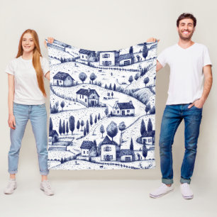 Blauw Vintage Toile - Bomen Landelijke Architectuu Fleece Deken