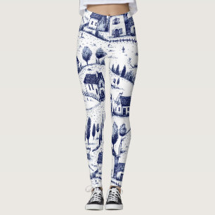 Blauw Vintage Toile - Bomen Landelijke Architectuu Leggings