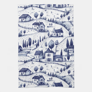 Blauw Vintage Toile - Bomen Landelijke Architectuu Theedoek