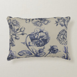 Blauw Vintage Toile Botanisch Bloemmotief Antiek P Accent Kussen