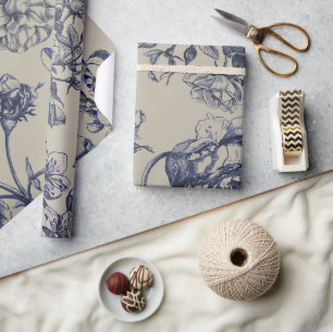 Blauw Vintage Toile Botanisch Bloemmotief Antiek P Cadeaupapier